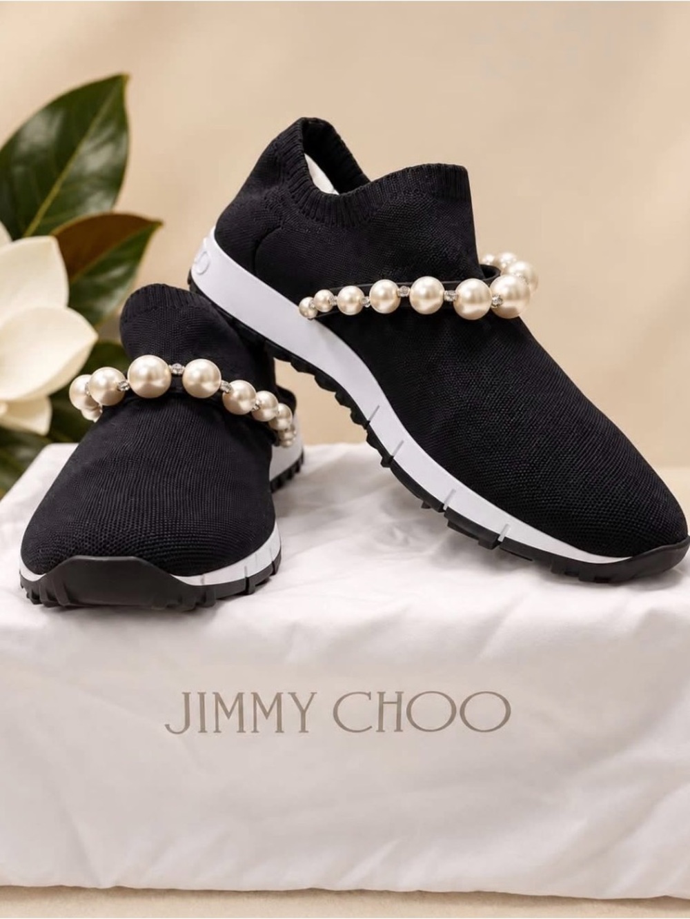 Jimmy Choo Black Knit Slip-On Sneakers with Pearl Strap
